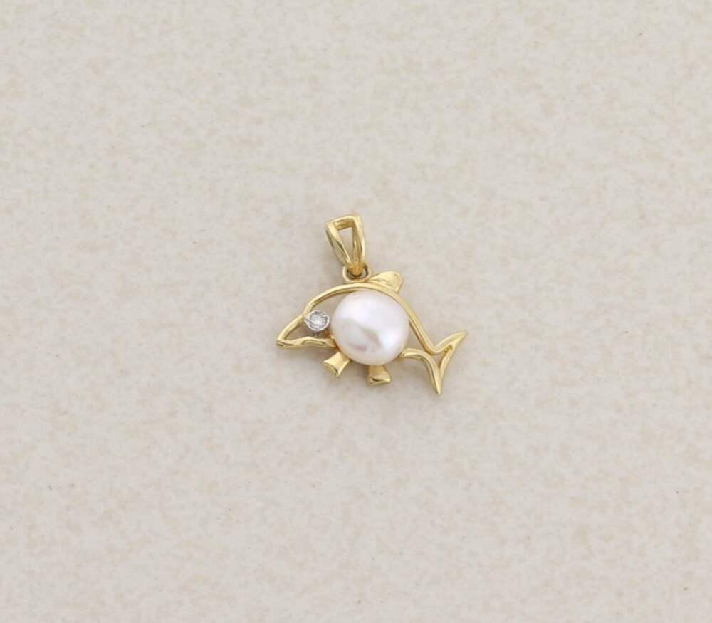 Pendant Only 14k Yellow Gold Freshwater Pearl & Diamond Dolphin Pendant 1/2"